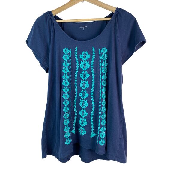 Garnet Hill Women's Size L Blue Teal Floral Embroidered Scoop Neck T-Shirt - Picture 1 of 6